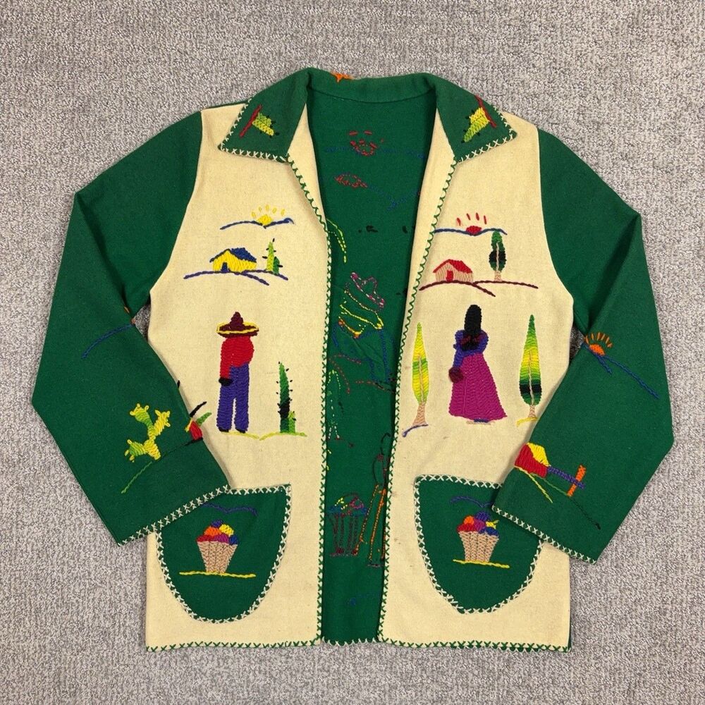 Vintage Handmade Mexican Jacket Womens Medium Green Wool Embroidered Folk Art